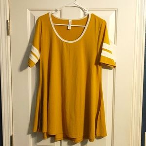 LuLaRoe Mustard Yellow Short Sleeve t-shirt with striped sleeves